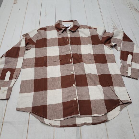 Old Navy Boyfriend brown check flannel shirt oversized button down LS tall - Picture 1 of 7